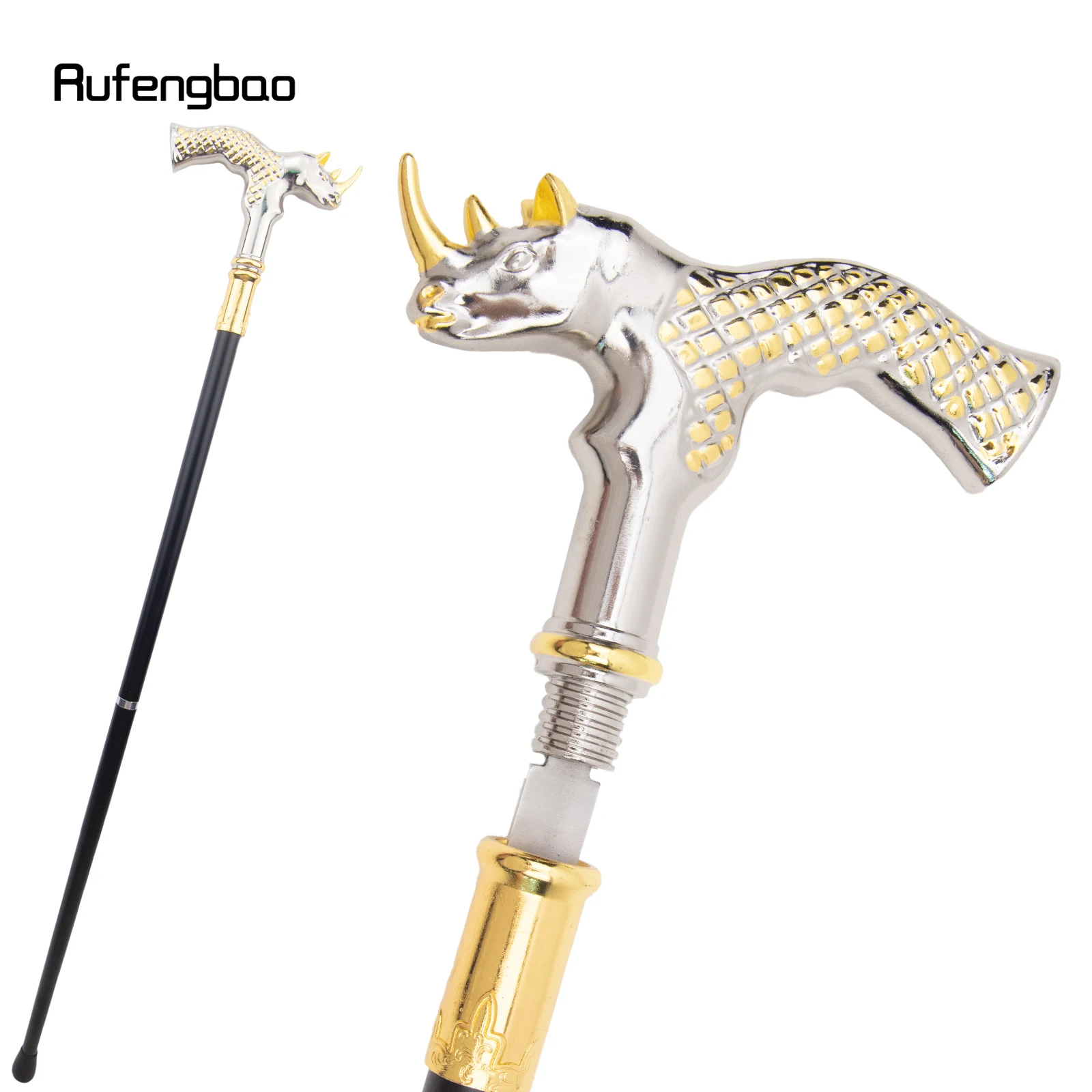 Golden White Rhinoceros  Head Walking Stick with Hidden Plate Self Defense Fashion Cane Plate Cosplay Crosier Stick 91cm