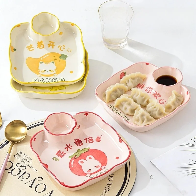 

Children's Dumpling Plate Cerc Cartoon Porcelain Separation Belt Dip Sauce Di Vinegar Di Festive Dining Utensils
