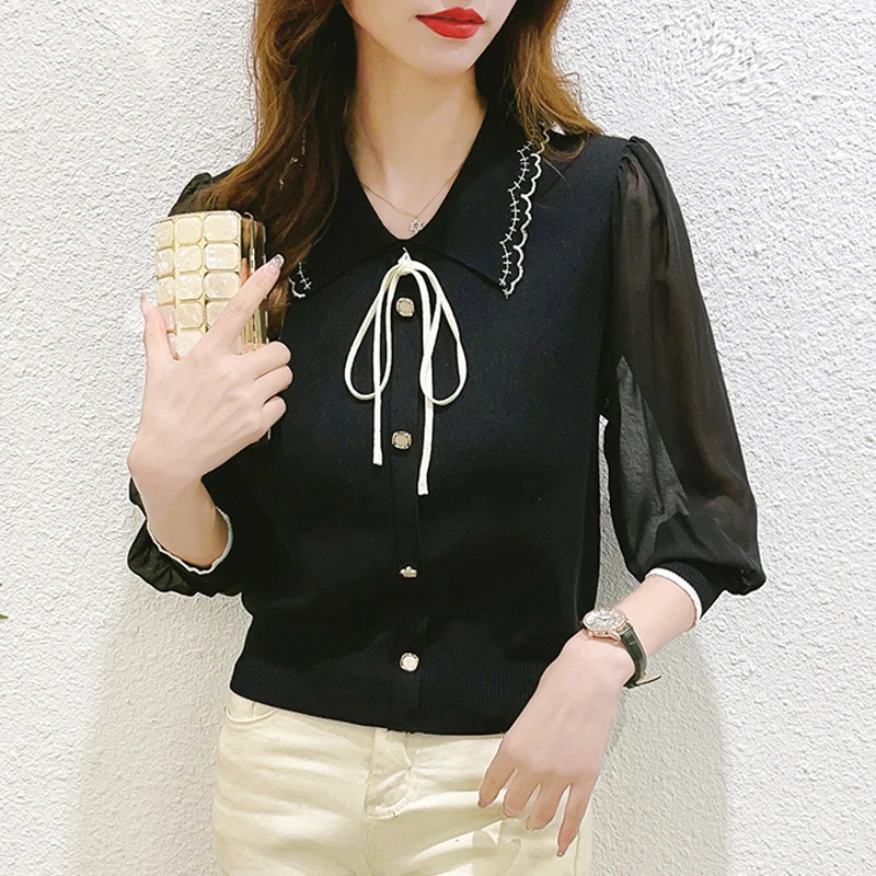 2024 New Spring Summer Women Fashion Elegant Bow Chiffon Patchwork Blouses Office Lady Casual 3/4 Sleeve Slim Pullover Knit Tops