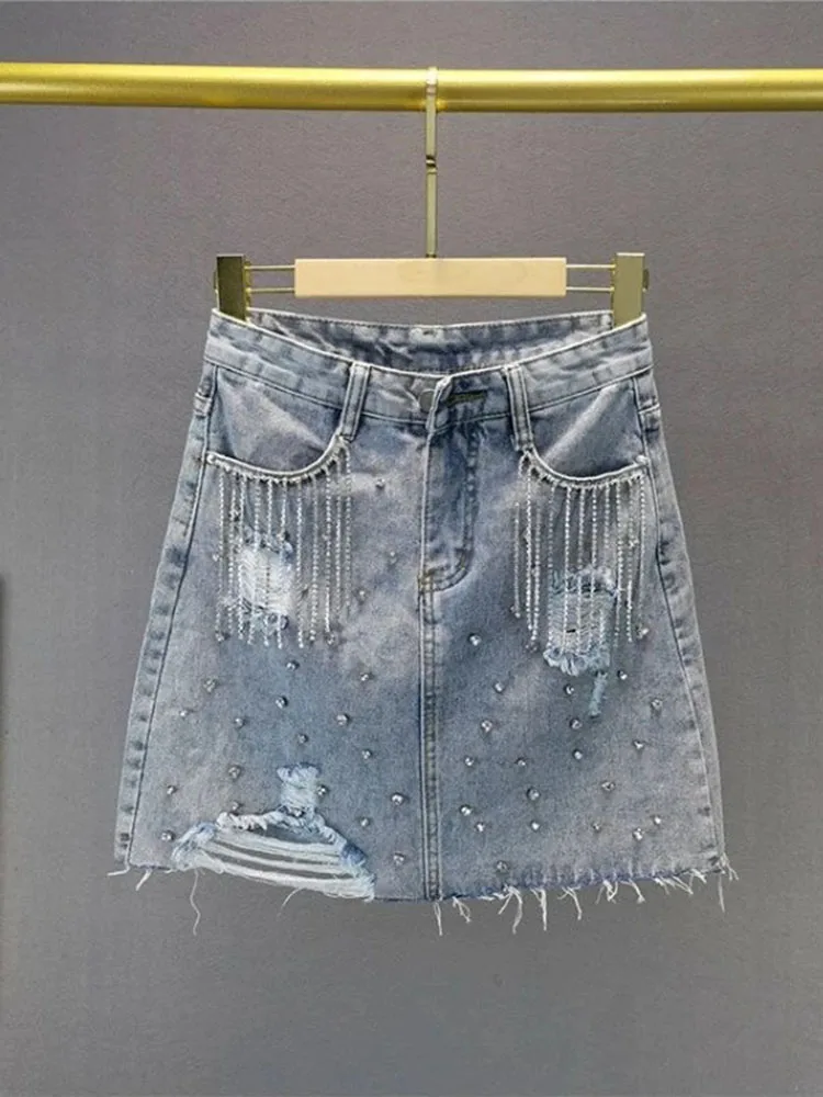 Women's Ripped Denim Skirt High Waist Slim Fit Diamond Embellishment Fringe Trim European Style Party Dress For Summer 2026