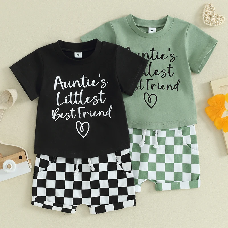 

Toddler Boys Summer Outfits Letter Print Short Sleeve T-Shirts Tops and Checkerboard Elastic Waist Shorts 2Pcs Clothes Set