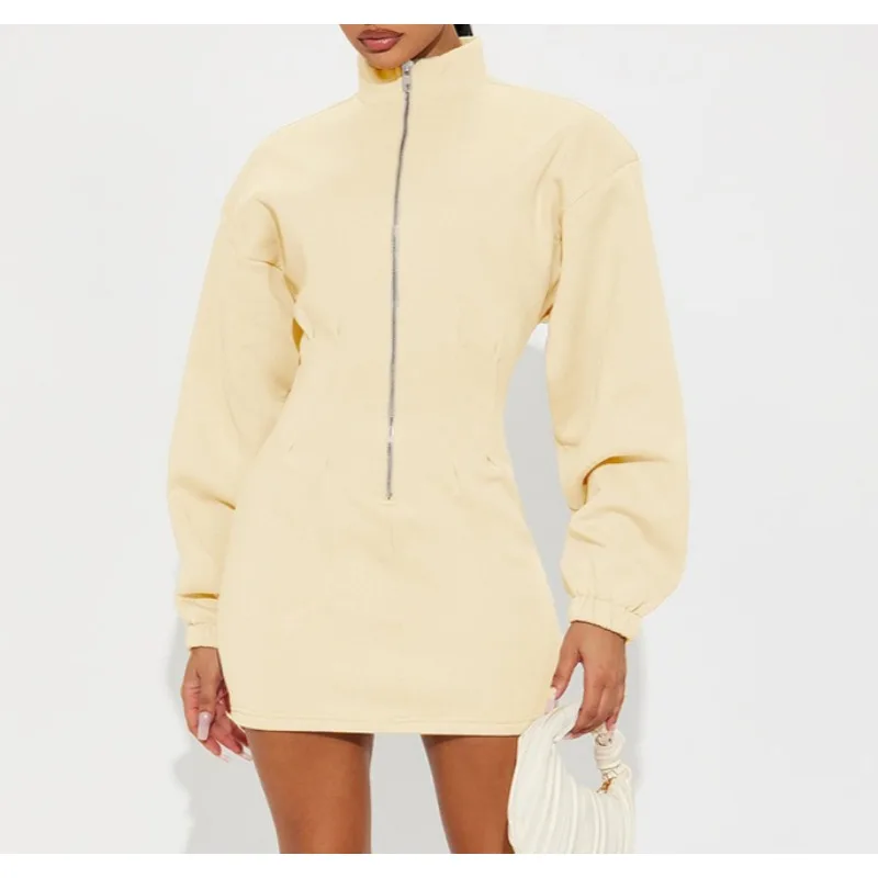 

2026 Spring New Casual and Comfortable Long-sleeved Stand-up Neck Zipper Waist Sweater Dress