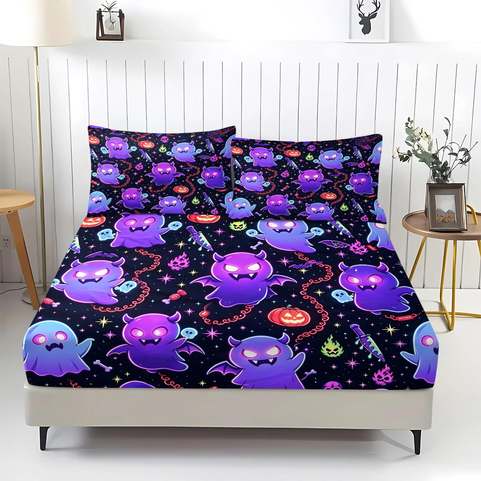 Halloween Cartoon Ghost Devil Fitted Sheet Set Purple Neon Print Microfiber Bed Sheet Set Deep Pocket Mattress Cover Holiday