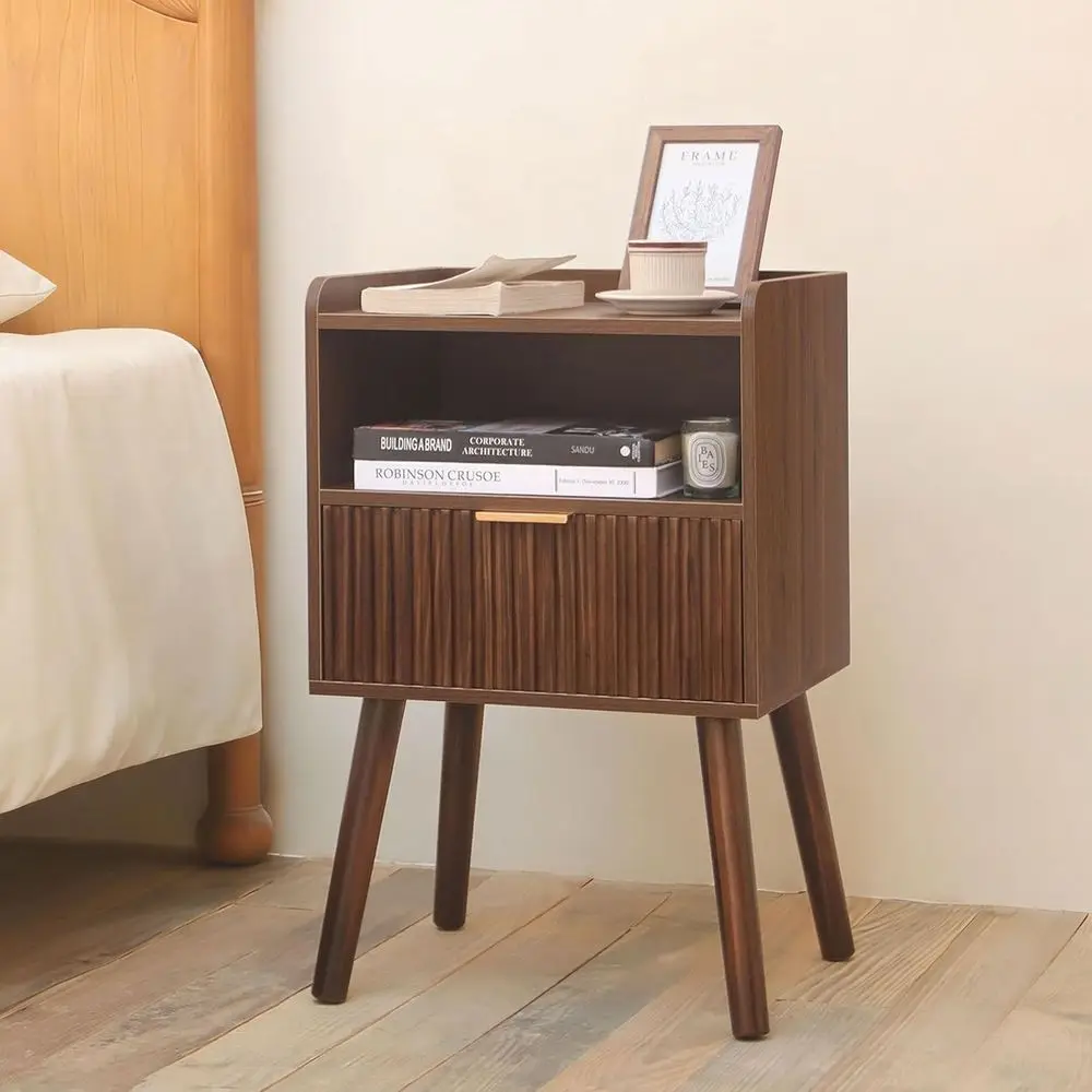 Walnut Brown Lute-Ders Nightstand with Open Shelf for Small Spaces in Bedroom and Living Room