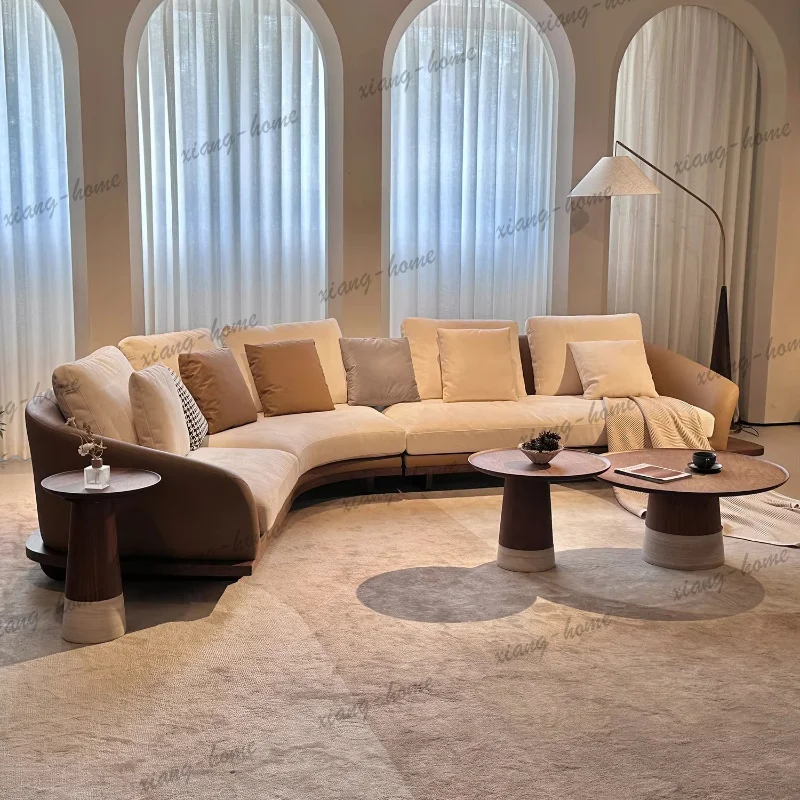 PG Cream And Brown Curved Modular Sofa Corner Pillow Backrest Scatter Pillows Wooden Base Deep Seat For Living Room Villa Home