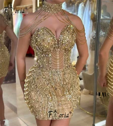 Couture Gold Beaded Crystal Cocktail Dress with Romovable Necklace Tassel Corest Short Celebrity Party Dress Mini Graduation