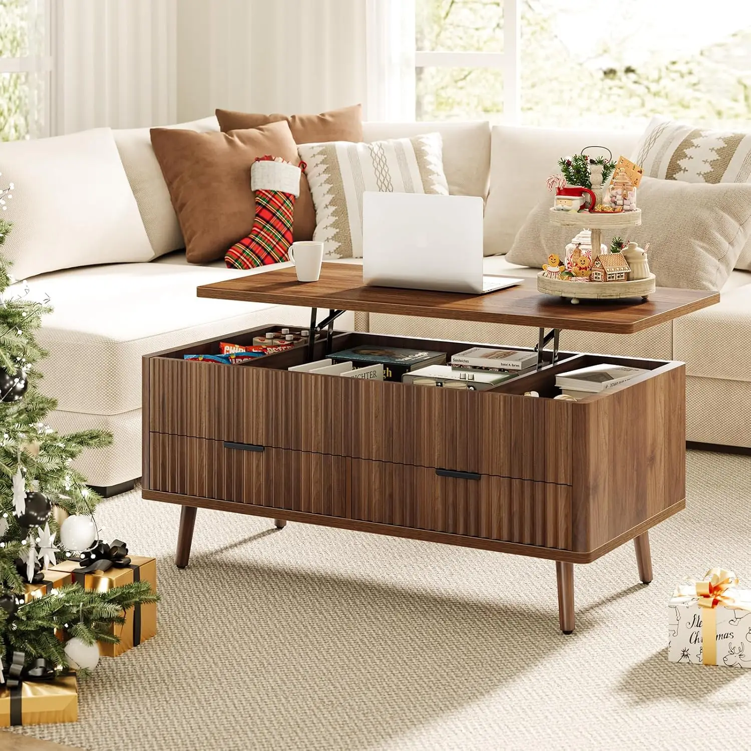 

Lift Top Coffee Table With Storage - Fluted Wood Coffee Tables For Living Room With Drawers & Hidden Compartment