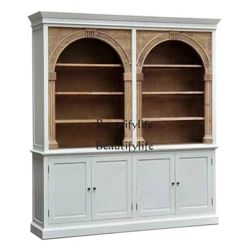 

American Country Style Solid Wood Bookcase French Vintage Distressed Neoclassical Display Living Room Storage Cabinet