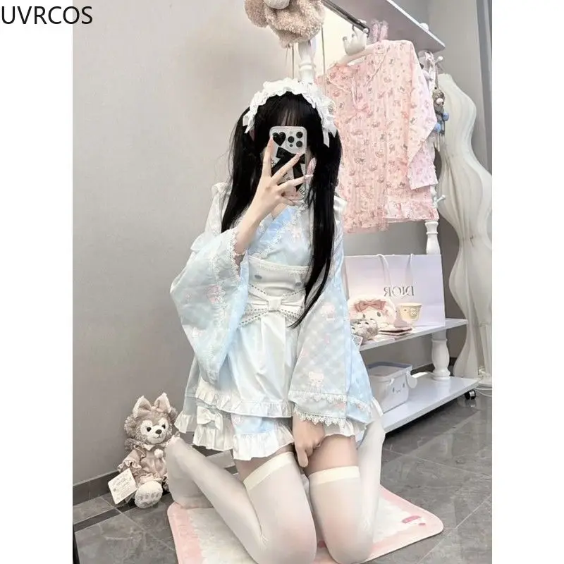 Japanese Sweet Lolita Style Dress Kawaii Cute Cartoon Print Princess Party Dresses with Bow Apron Cosplay Costume Maid Dress Set