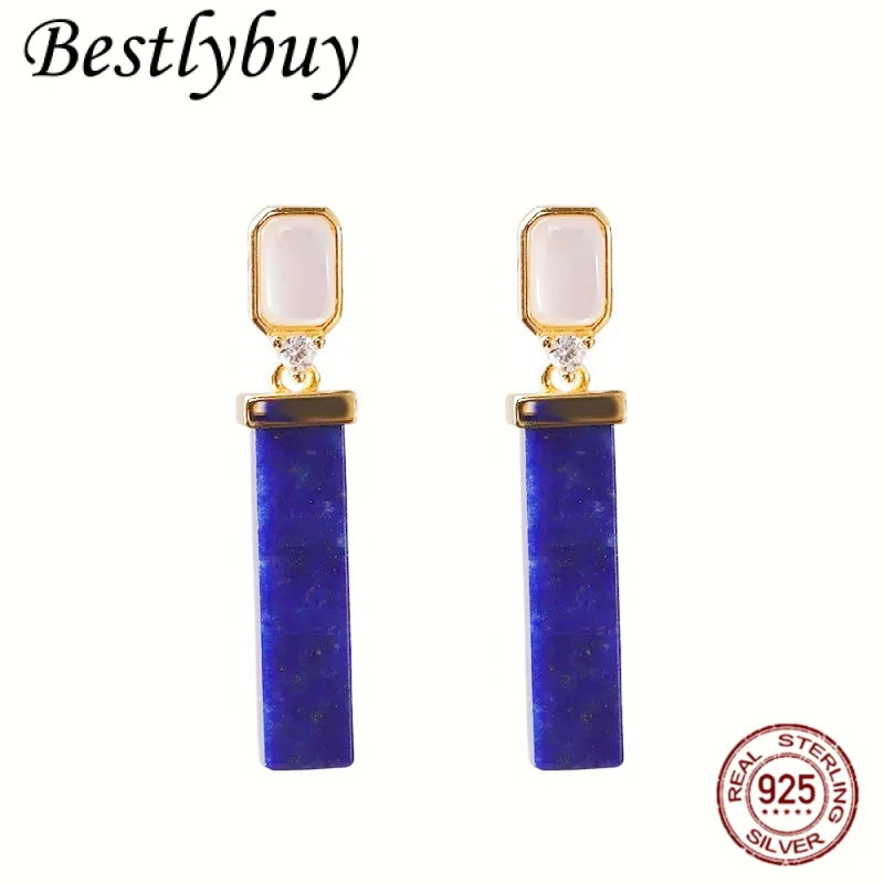 

S925 Pure Silver Gold-plated Natural Lapis Lazuli Rectangular Earrings Suitable For Women's Fashionable original Design jewelry