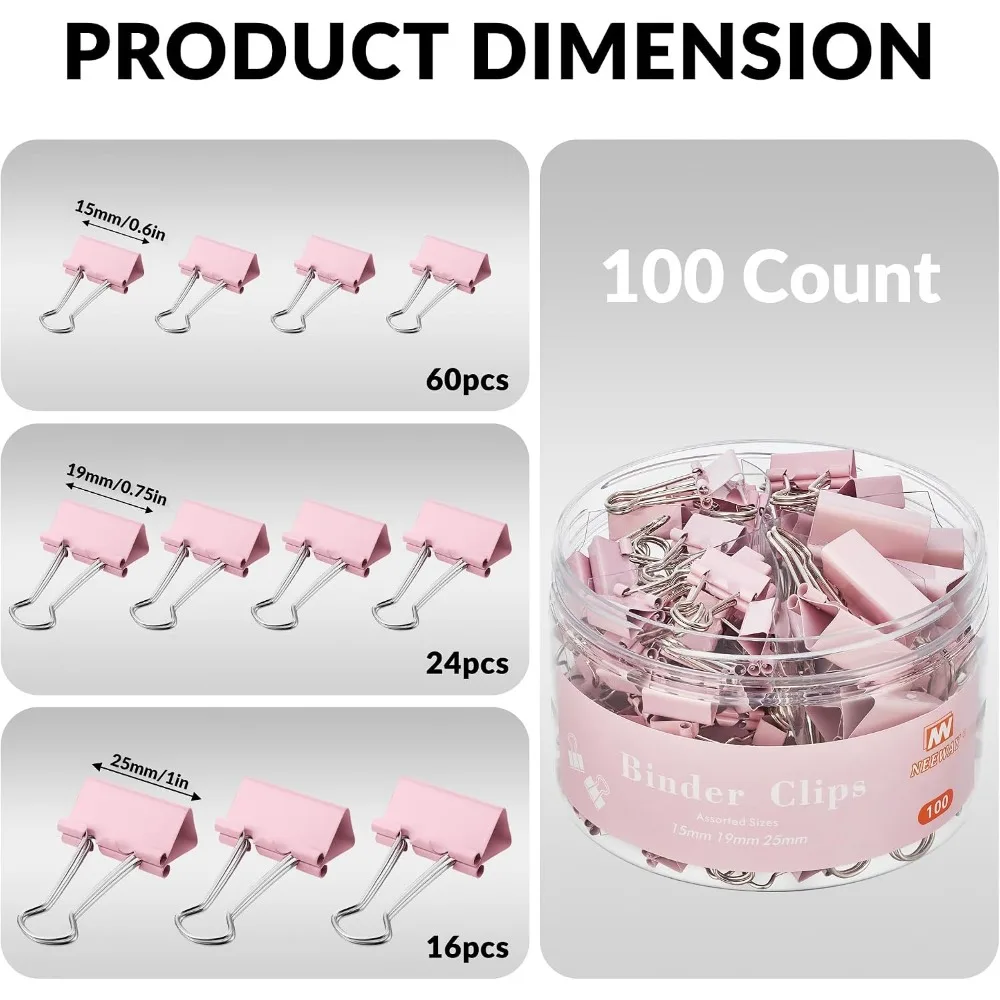 100 Binder Clips Assorted Sizes, Metal Paper Clamps for Office & Home, Pink