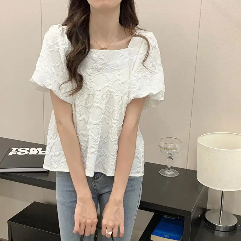 Women\'s Clothing Trendy Pleated Texture Square Collar White Kawaii Blouse 2023 Summer Sweet Chic Puff Short Sleeve Shirts Blusas