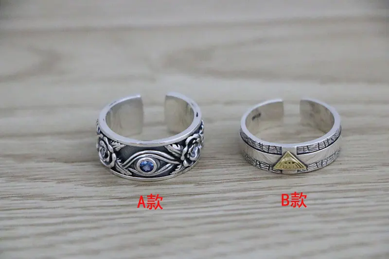 English style pure silver God's Eye open blue crystal ring, masculine temperament and personality, female rose relief ring