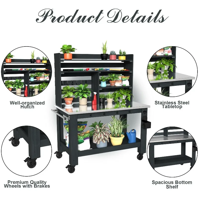 Large Potting Bench Table, Outdoor Kitchen Island with Stainless Top