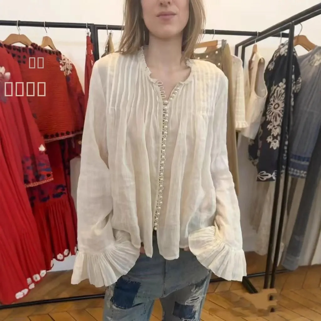 

Ele Long Sve irt с жемчужными пуговицами и кружевным воротником-аккордеон, плиссированный топ для женщин, летняя коллекция, свободный крой, льняной материал