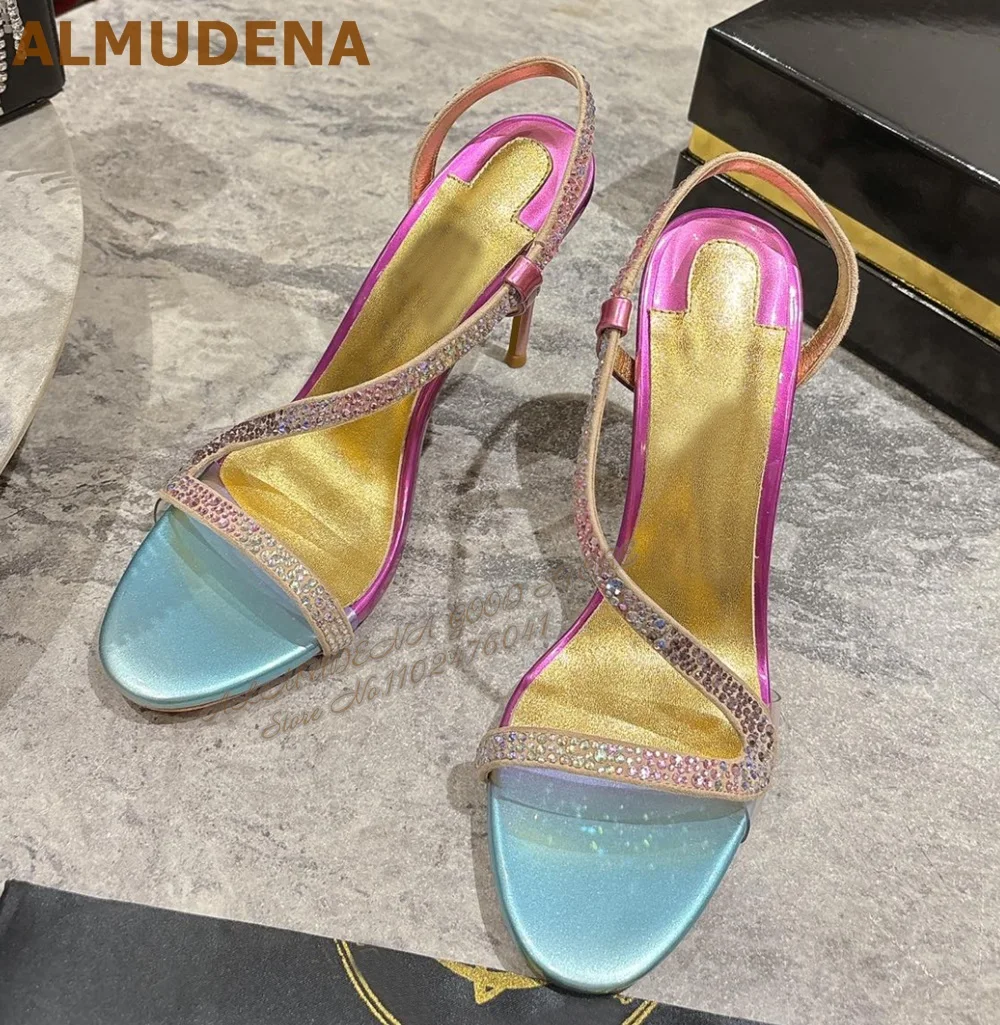 

ALMUDENA Разноцветные босоножки на высоком каблуке с хрустальным ремешком S-образные свадебные туфли с витыми стразами Розовые, синие элегантные туфли-лодочки в стиле пэчворк