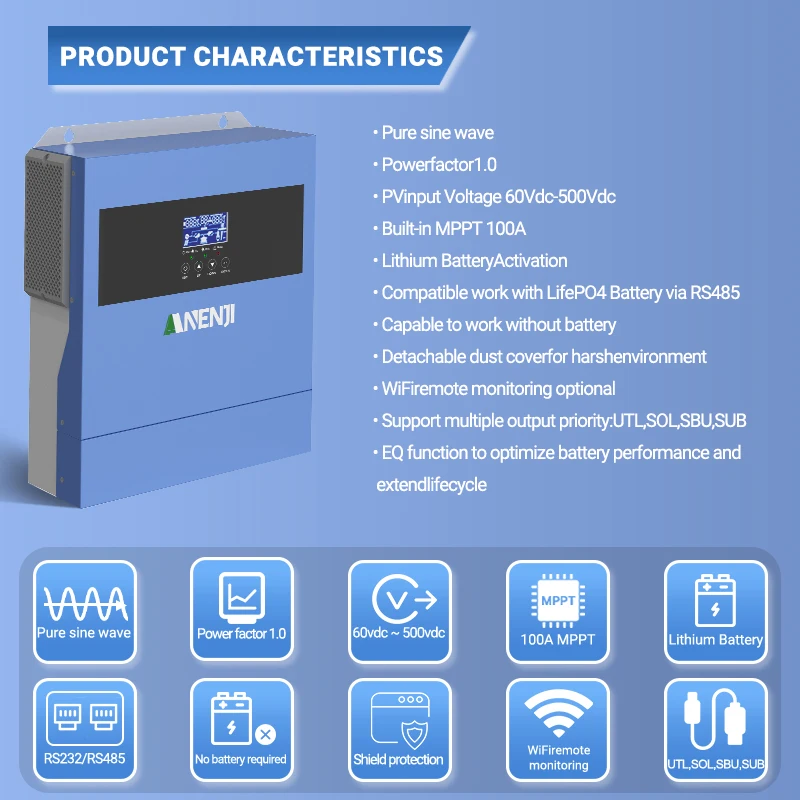 

4.2KW 24V Hybrid Solar Inverter 230V Pure Sine Wave MPPT 100A Photovoltaic On/Off Grid Inverter Solar Charge Controller PV 500V