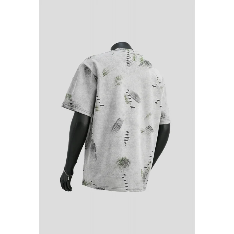 

Мужская футболка с короткими рукавами и рваными дырками, летняя модная тенденция 2025, брендовый элитный ретро крутой повседневный топ с граффити