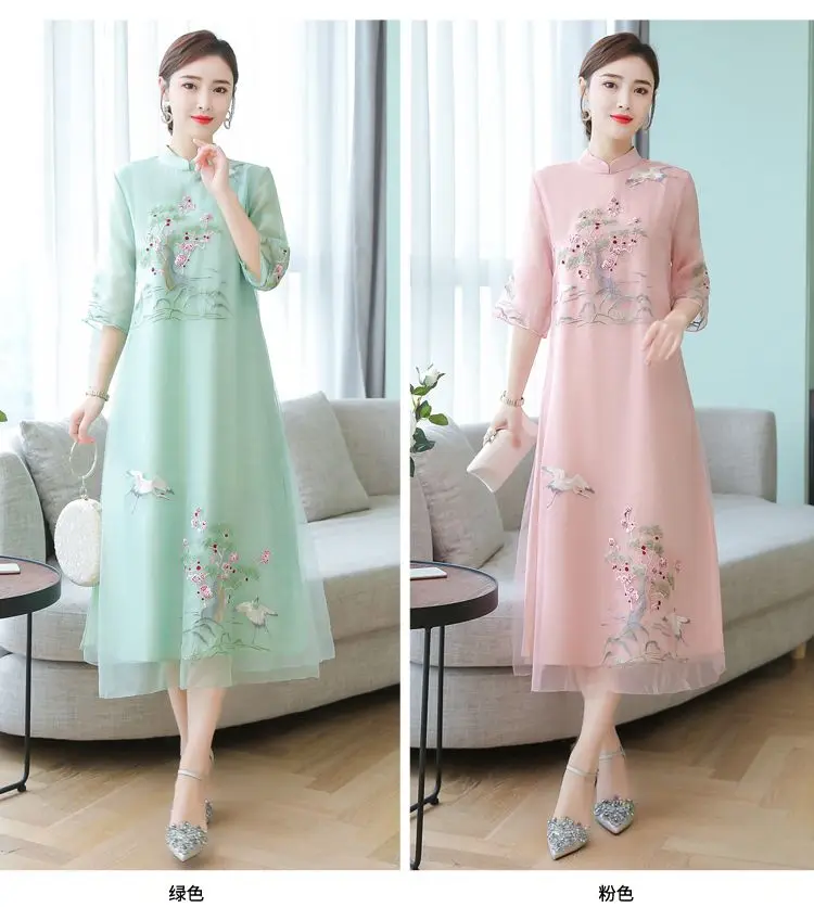 2025 chinese improved cheongsam dress summer new embroidered long dress national stand collar half sleeve women loose qipao w414