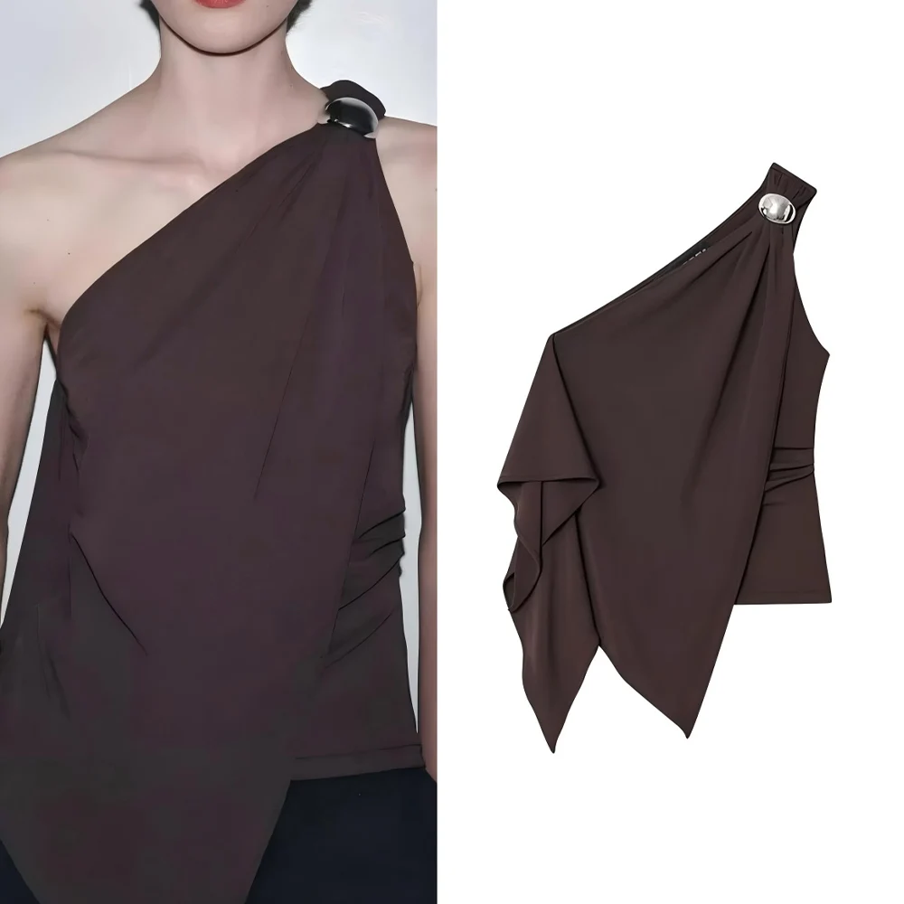 

Новая модная женская рубашка из крепа с пряжкой и асимметричным плиссированным топом в стиле ретро, женская рубашка без рукавов с открытыми плечами, шикарный топ