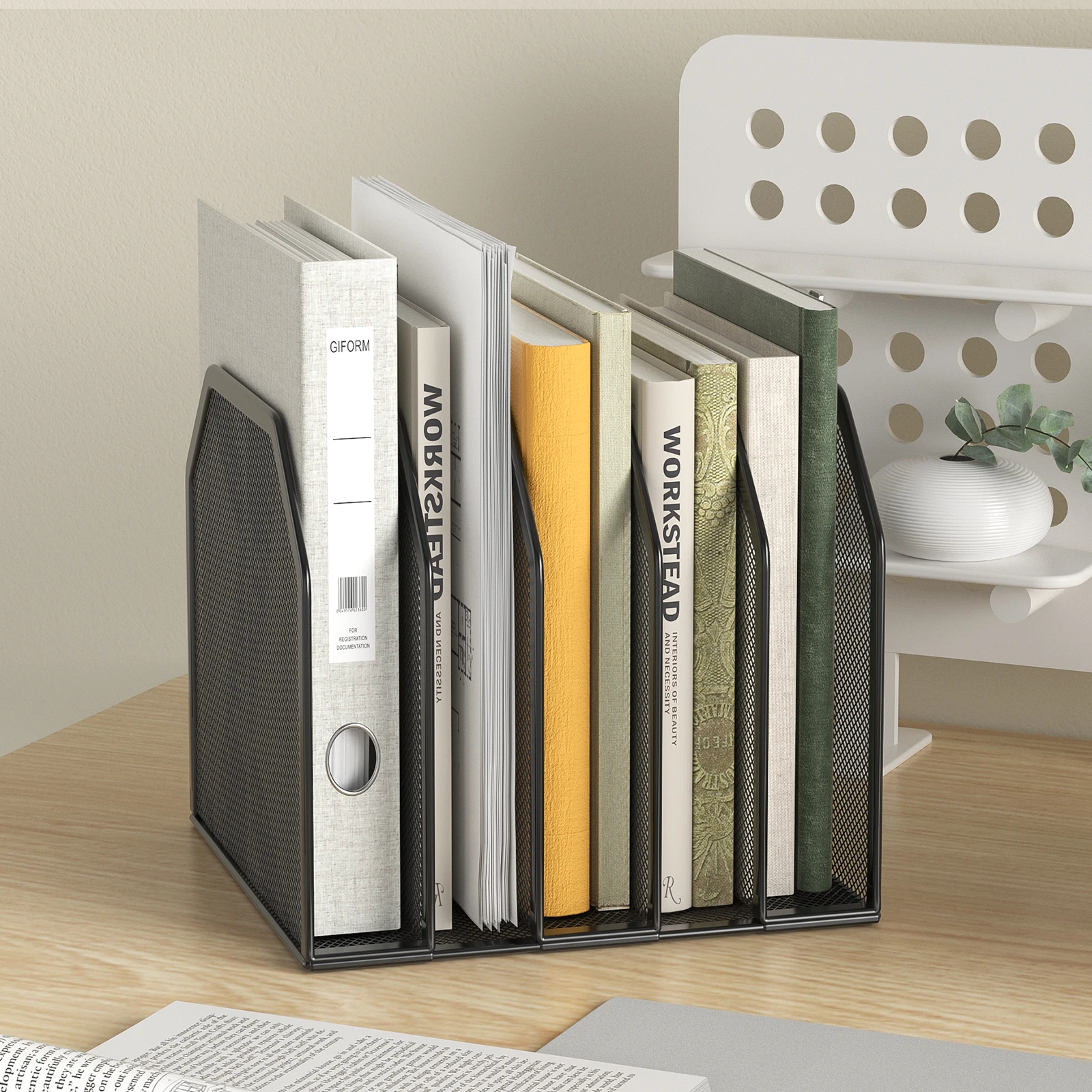 Desk File Organizer 5 Sections Upright Mesh Desktop Organizer File Sorter Office Organization File Holder for Home, Office