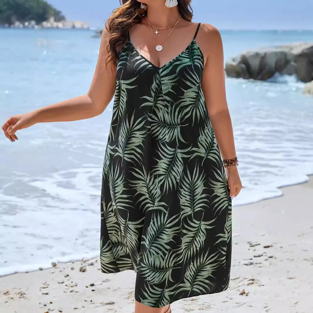 

Elegant Summer Sling Midi Dresses For Women Sleeveless Leaf Print Casual Basic Beach Vacation Strap Sleeveless Dress Robe Femme