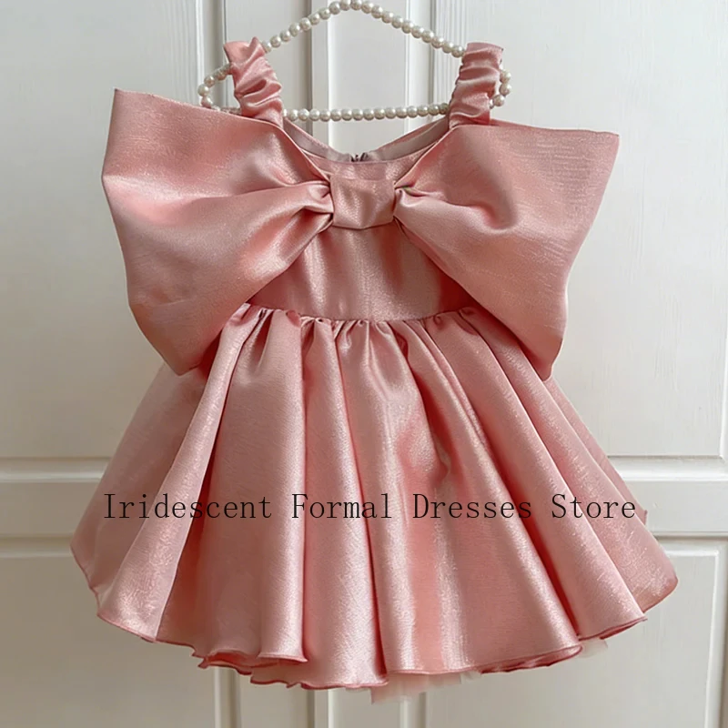 Customized Satin Flower Girl Dress Ball Gowns Solid Short Flower Girl Dress Strapless Floor Length Bow Princess Kid's Gowns