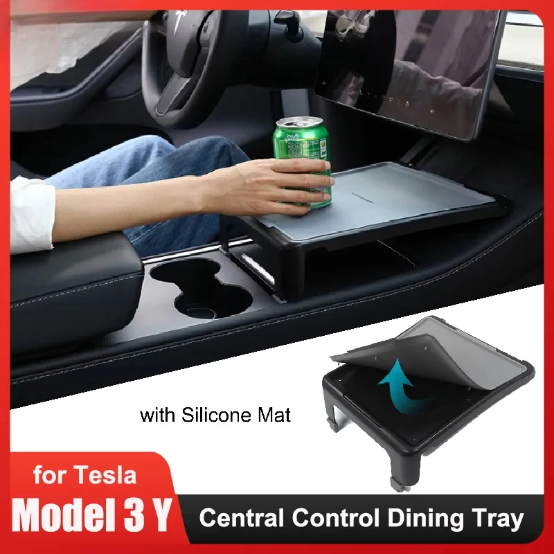 Dining Tray for Tesla Model 3/Y 2023 Center Console Drink Food Table Desk Plate Board with Silicone Mat Organizer Holder Storage