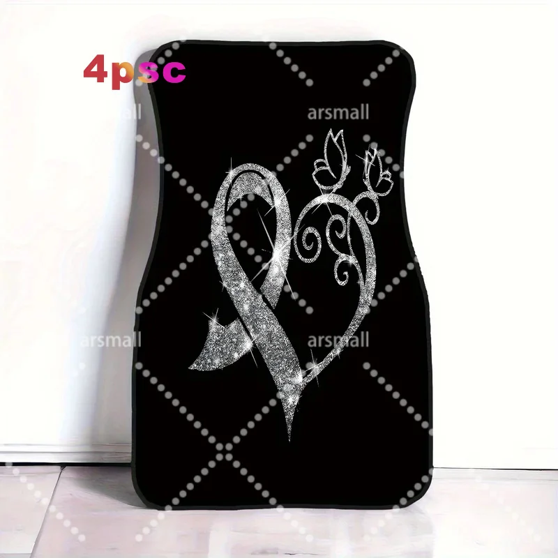 Set Of 4, Silver Glitter Ribbon Heart-Shaped Car Interior Additions Mats, Easy To Clean, Suitable For Front And Rear Seats, Comf