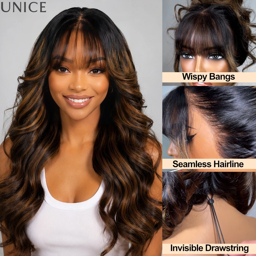 UNICE 13x4 Lace Frontal Balayage Highlights Loose Wave Human Hair Wig With Bangs Pre Ear Tab Glueless Drawstring Wig 150%Density