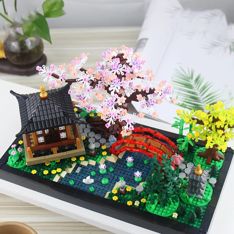 Micro Chinese Garden Courtyard Potted Plants Idea Building Blocks Villa Scenery Bamboo Forest Pavilion Model Bricks Toy Kid Gift