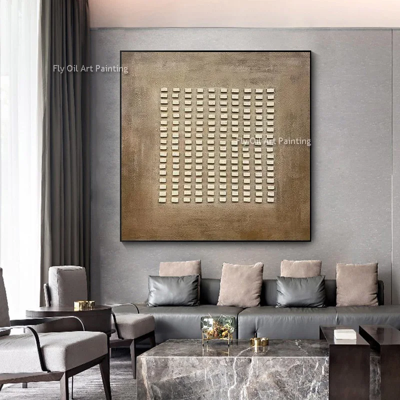 Abstract Brown And Beige Artwork Simple Design Handpainted Beige Piont Texture Thick Canvas Oil Painting For Living Room Decor