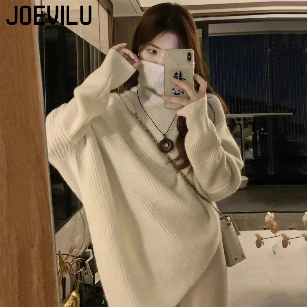 JOEVILU maglione a collo alto da donna irregolare sciolto maglia Top caldo maglione Casual moda coreana stile pigro Pullover di colore solido