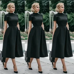 Solid Color Dress Retro Elegant Black Standing Collar Women's Summer New Style Temperament Short Sleeve White Women's Dress