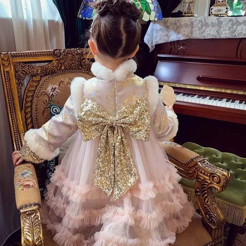 

Осенне-зимние милые юбки для маленьких девочек, бальное платье принцессы с цветочным принтом, Cheongsam, вечеринка по случаю дня рождения, плотное многослойное платье с китайской вышивкой