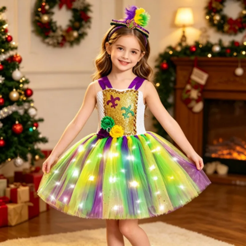 Girls' Luminous Tulle Dress, LED String Light Glowing Tutu Dress for Girls,Clothes for Halloween, Christmas and Party Events