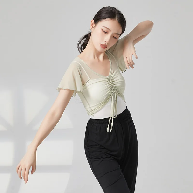 Mesh V-neck Crop Top Ballet T shirt Dance Tops Ballerina Dancewear Ballet dance practice Clothes Classic Costumes for Dancing To