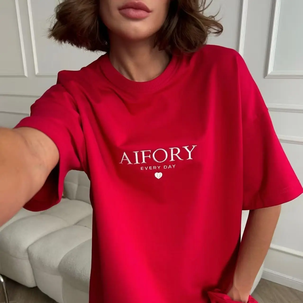 European And American Style Versatile Temperament Retro fFashion Letter Print Loose Cotton Short Sleeved Women's T-shirt