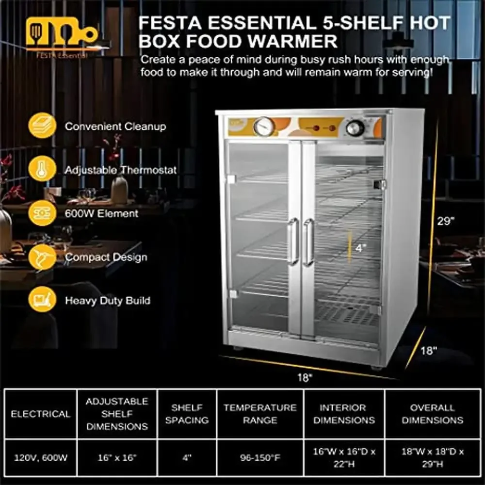 Commercial Electric Hot Box Food Warmer Pizza Pretzel Catering Cabinet 5-Shelf Stainless Steel Adjustable Thermostat Analog