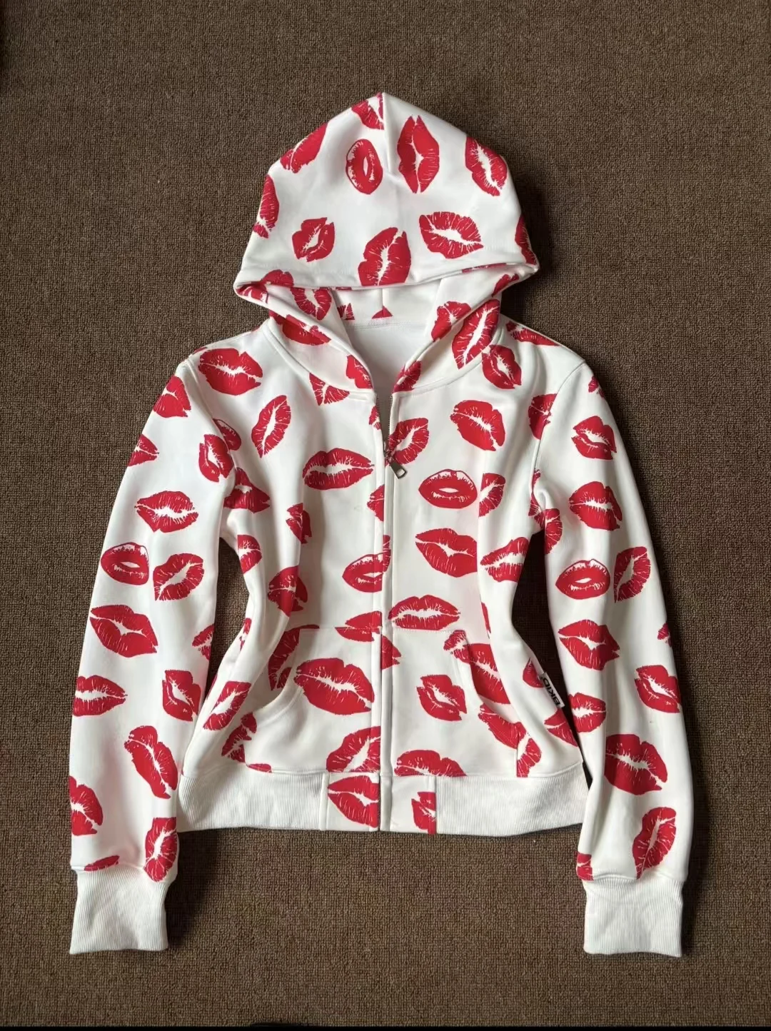 High Street Retro Red Lips Pattern Printed Short Zipper Hoodie Harajuku Punk Slimming Coat Autumn Winter Y2k Women Casual Hoodie