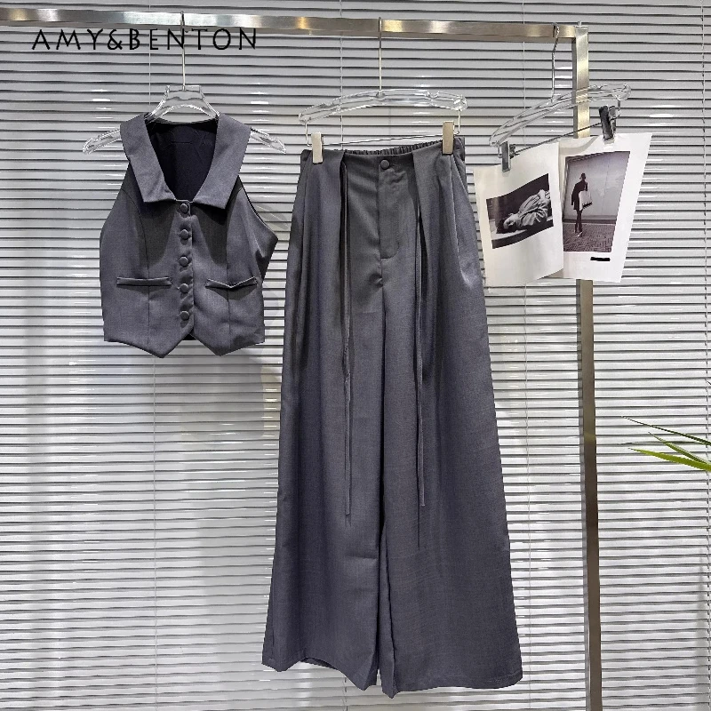 

2026 Summer New Fashion Lapel Solid Color Women's Vest Retro Design Sweet Cool Temperament Wide-leg Casual Trousers Suits Ladies