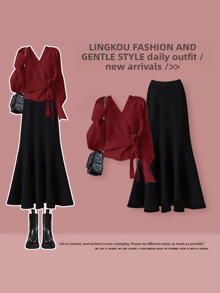 

Красный вязаный свитер и юбка-рыбий хвост: комплект из двух предметов для женщин, V-образный вырез, осенняя мода, повседневный стиль, большие размеры