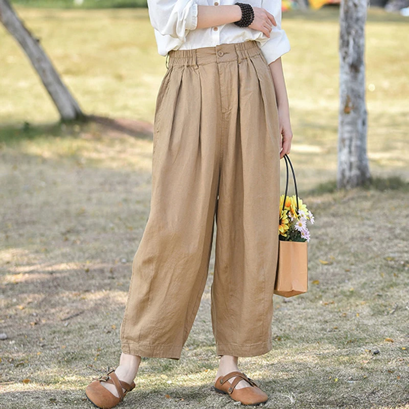 

100% Linen Women Ankle-length Casual Pants New Arrival 2025 Summer Vintage Solid Color High Waist Female Harem Pants M1566