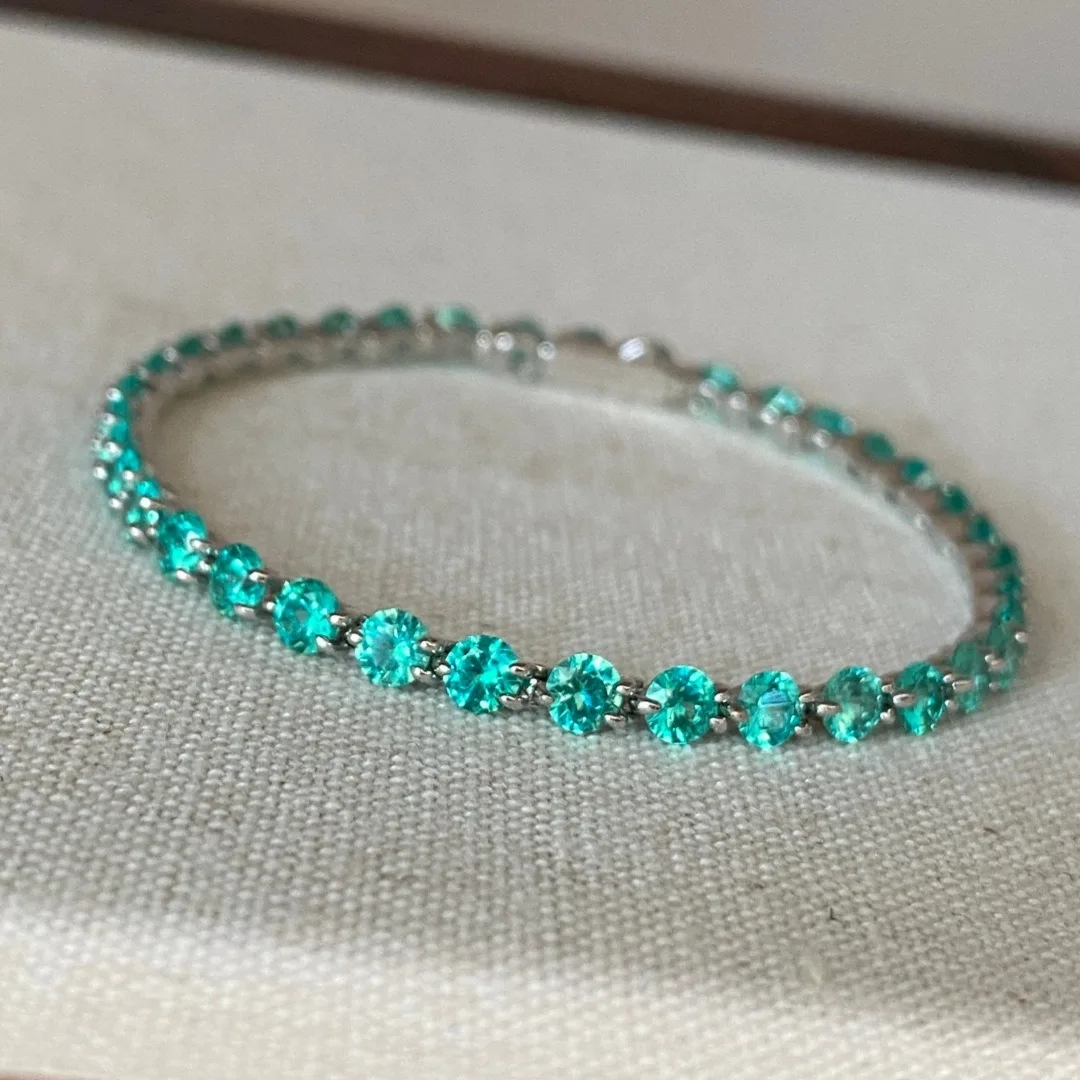 Vintage 925 Sterling Silver 3 MM Round Cut Lab Sapphire Paraiba Gemstone Tennis Chain Bracelets Bangle Fine Jewelry