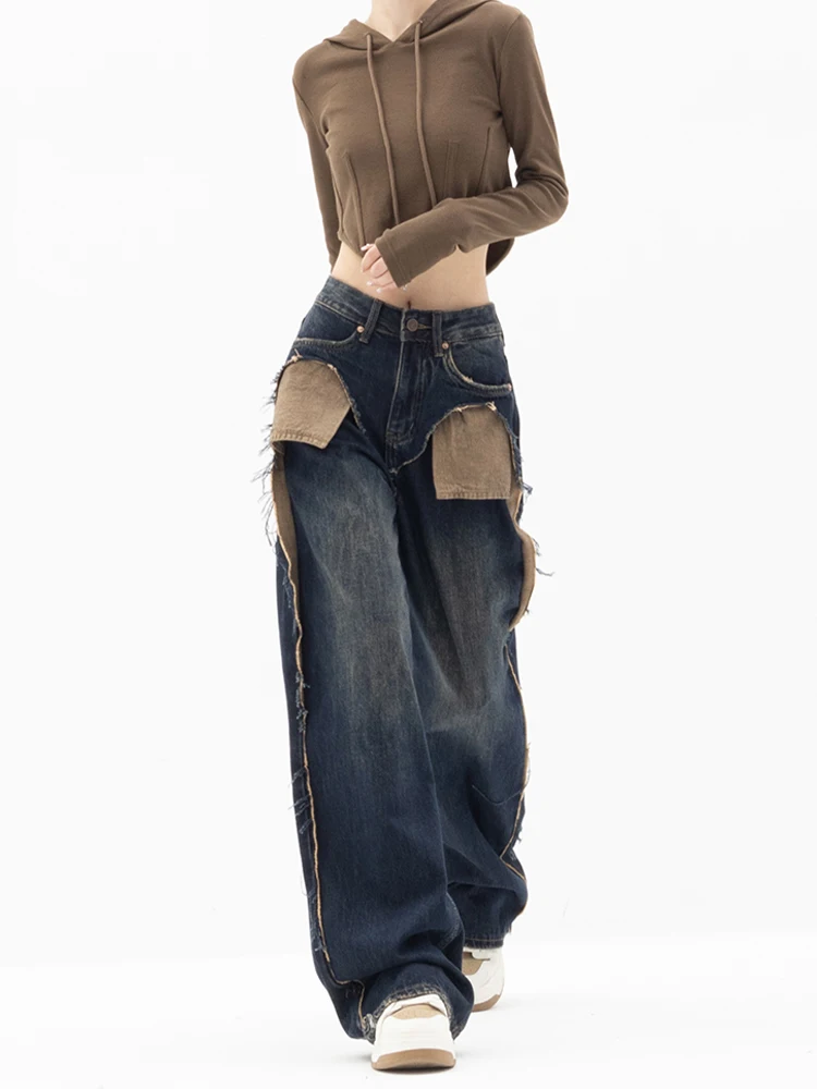 

Retro Blue High Waist Baggy Jeans Women 2023 New Pocket Devise Wide Leg Denim Trousers Woman Streetwear Loose Straight Pants