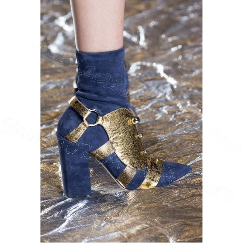

Blue Suede Splicing Gold Leather Pointed Toe Boots Slip On Women Shoes Chunky High Heels Party Runway 2025 Zapatos Para Mujere