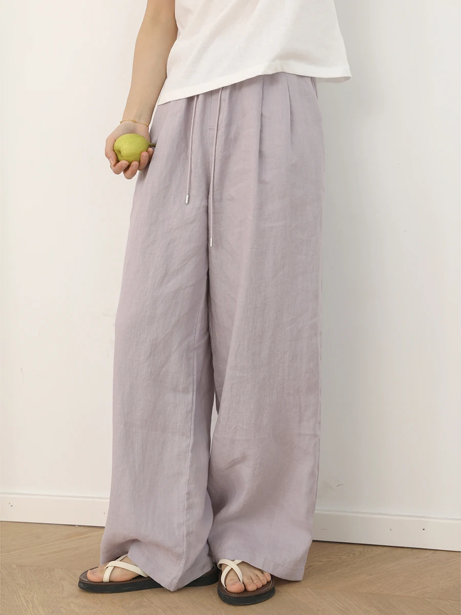 

New Summer Linen Wide Leg Casual Pants Loose Elastic Waist Straight Long Trousers Women Simple Sle Commute Faion