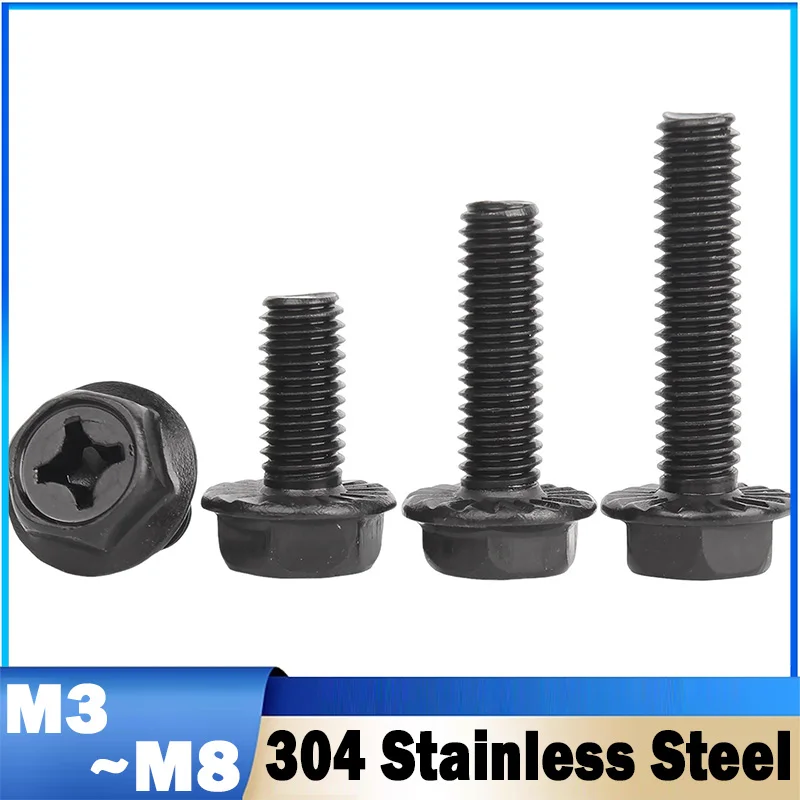 5~50Pcs M3 M4 M5 M6 M8 Black 304 Stainless Steel Phillips Flange Bolts External Hex Hexagon Flange Cross Head Screws Bolt