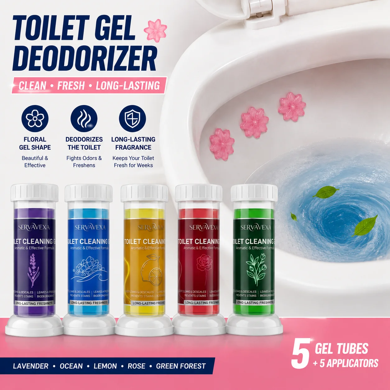 

5Pcs SERVAVEXA Toilet Bowl Cleaner Gel Aromatic Flower Stamps Deodorant Descaling Household Cleaning Supplies Fresh Scents