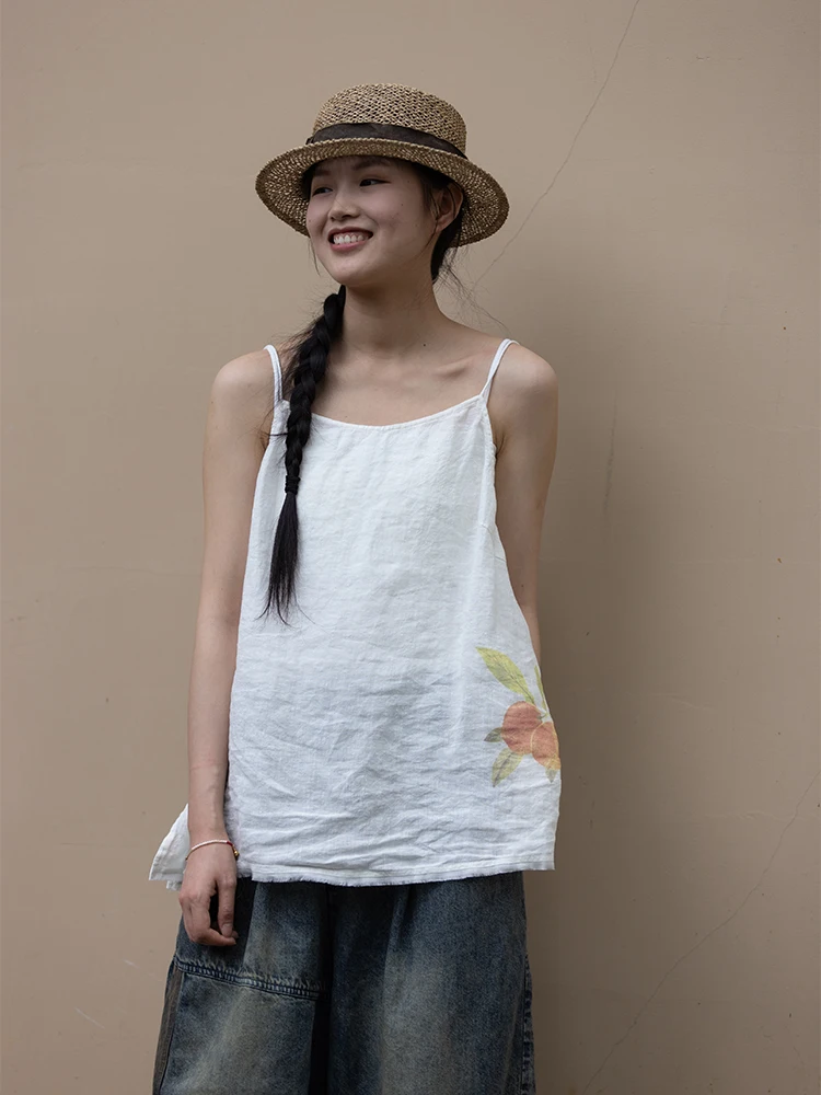 

Оригинальная женская майка на бретельках из льняной ткани Slow Blue, серия Summer Fruit, яркие цвета, белые бретельки